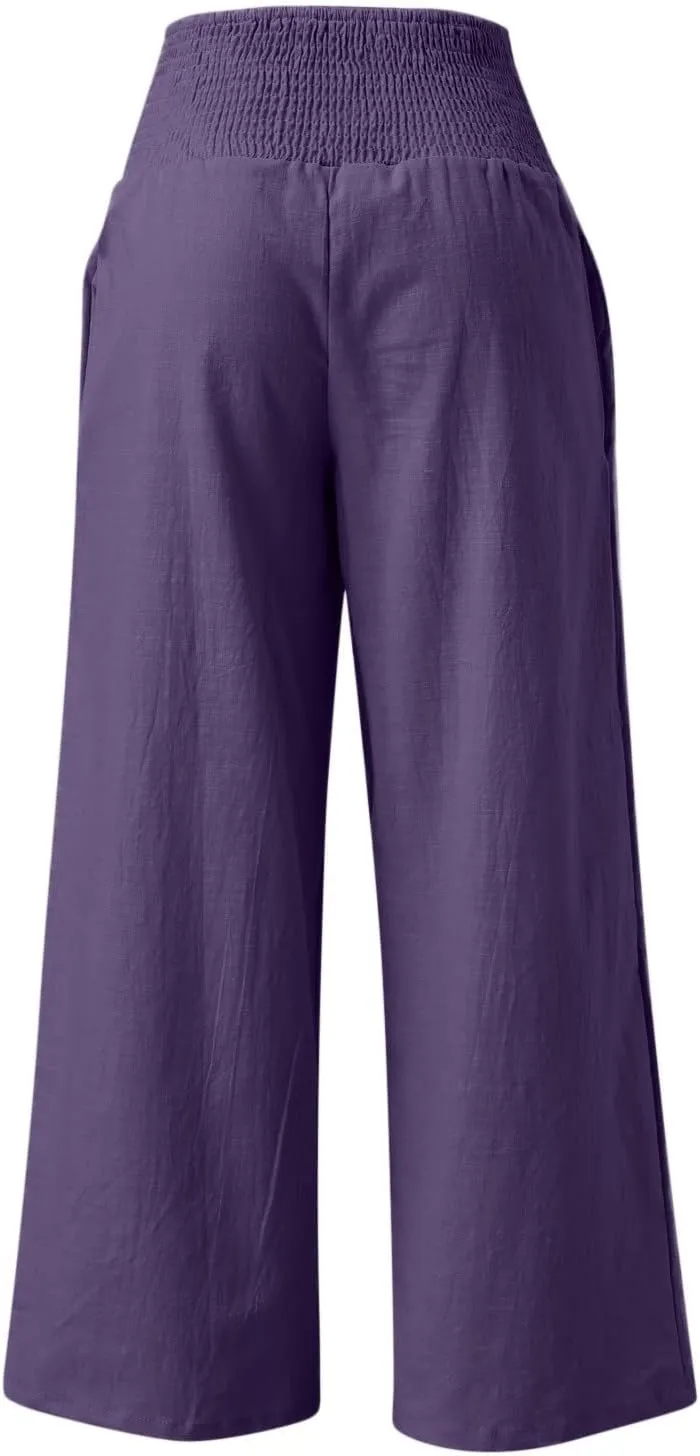 Women's Casual Linen Pants Elastic High Waist Pants Wide Leg Loose Fit Summer Trendy Baggy Trousers with Pockets