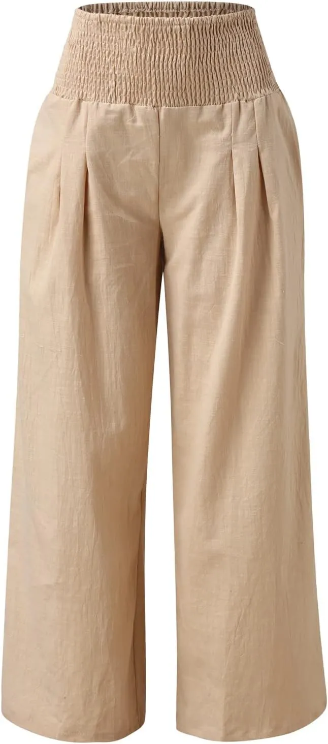 Women's Casual Linen Pants Elastic High Waist Pants Wide Leg Loose Fit Summer Trendy Baggy Trousers with Pockets
