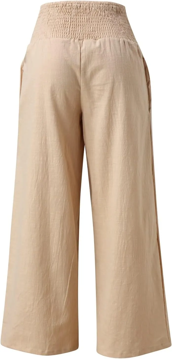 Women's Casual Linen Pants Elastic High Waist Pants Wide Leg Loose Fit Summer Trendy Baggy Trousers with Pockets