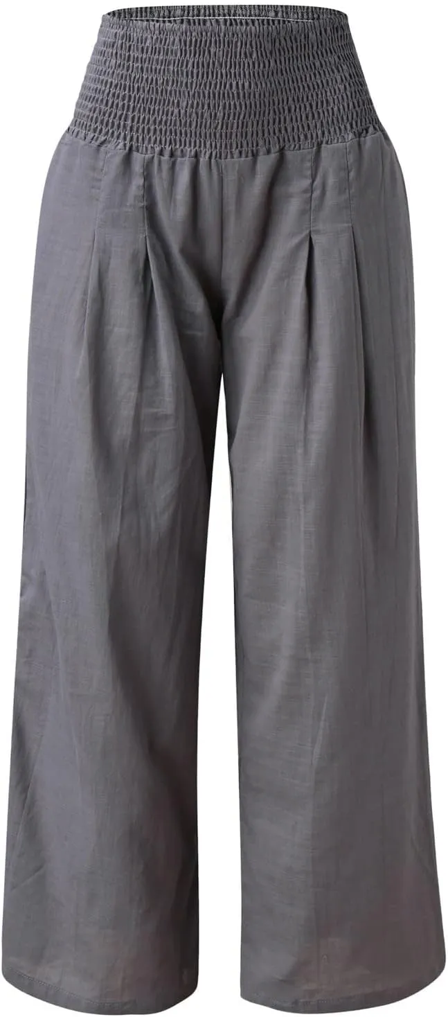 Women's Casual Linen Pants Elastic High Waist Pants Wide Leg Loose Fit Summer Trendy Baggy Trousers with Pockets