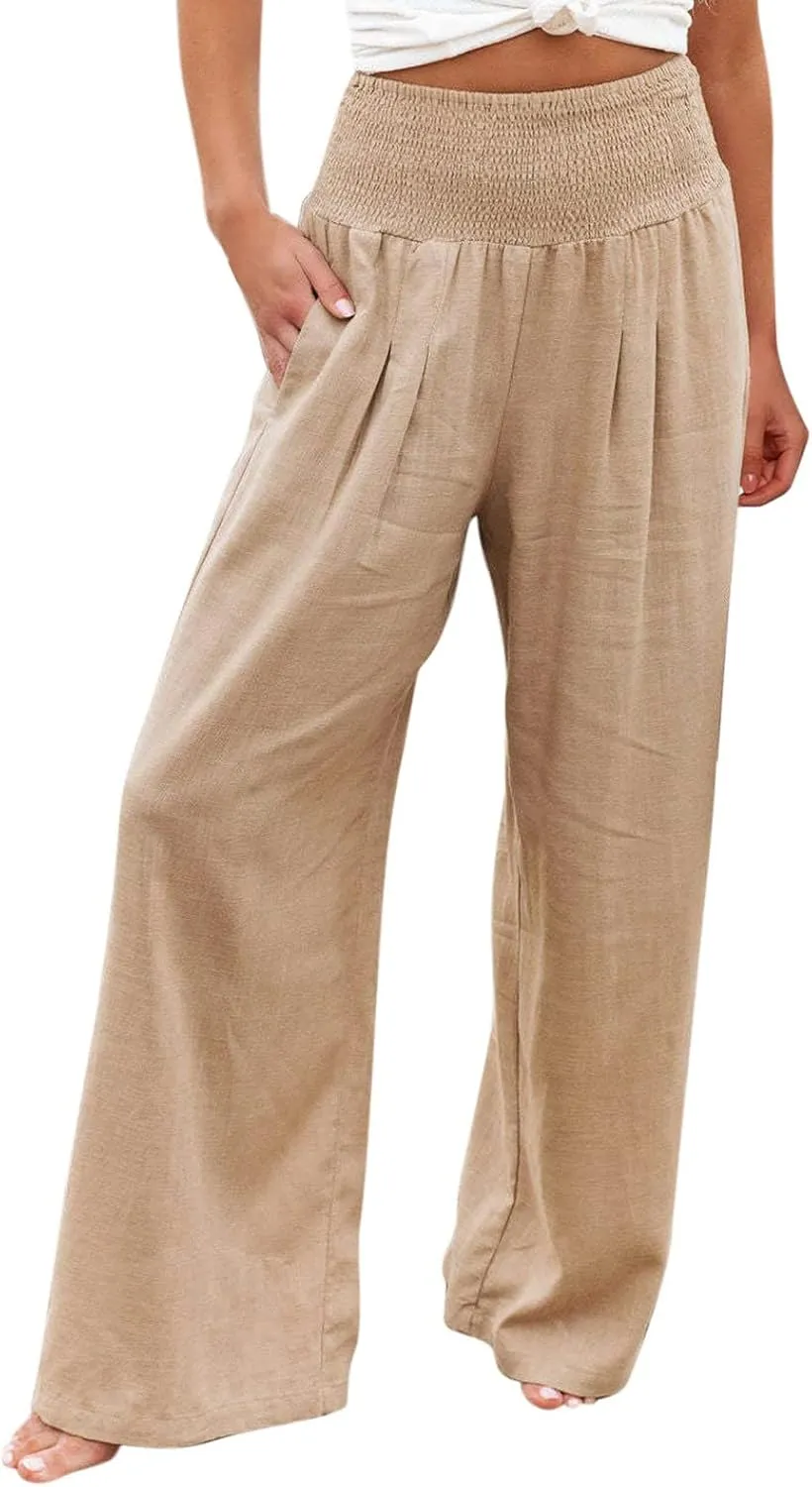 Women's Casual Linen Pants Elastic High Waist Pants Wide Leg Loose Fit Summer Trendy Baggy Trousers with Pockets