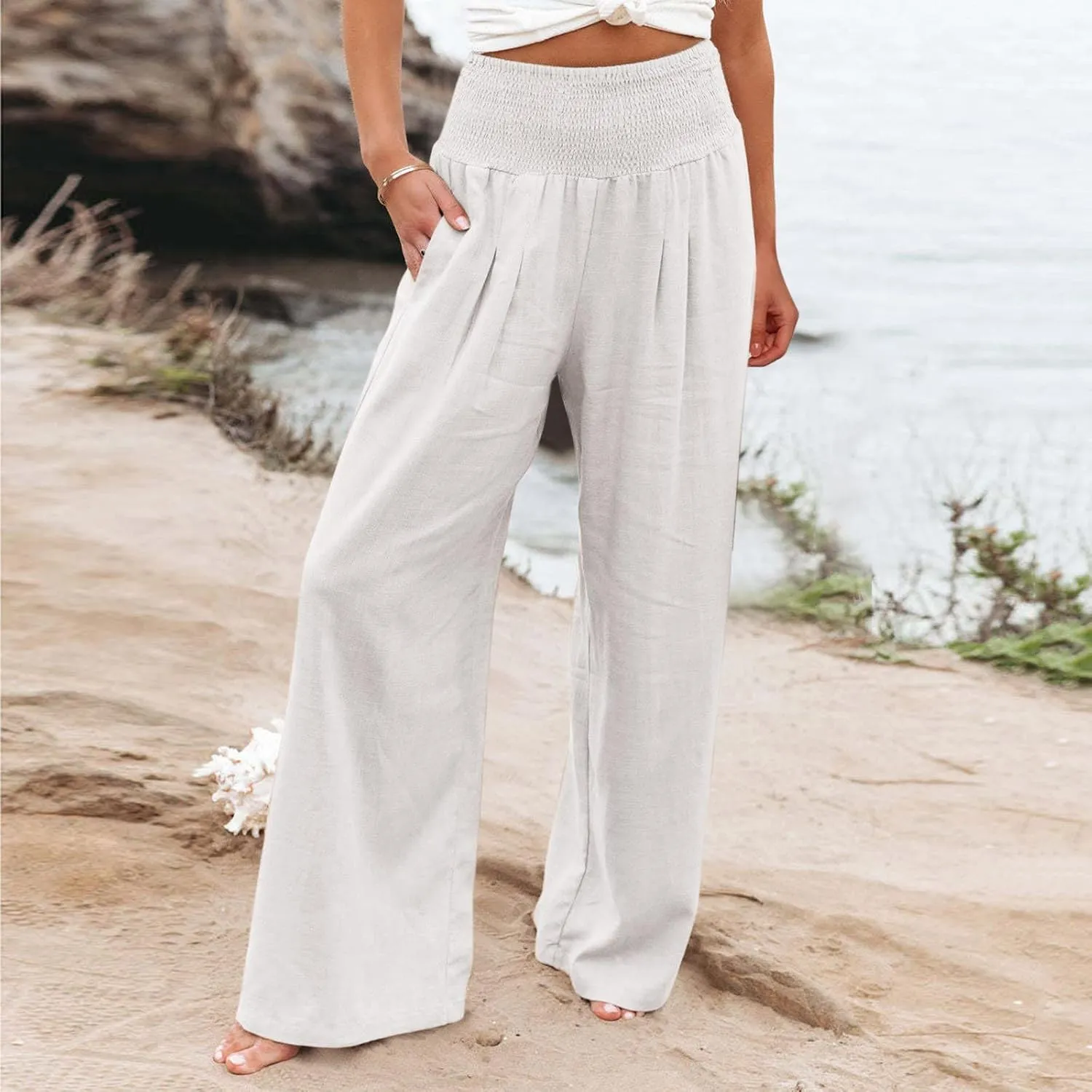 Women's Casual Linen Pants Elastic High Waist Pants Wide Leg Loose Fit Summer Trendy Baggy Trousers with Pockets