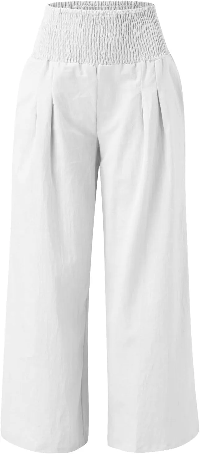 Women's Casual Linen Pants Elastic High Waist Pants Wide Leg Loose Fit Summer Trendy Baggy Trousers with Pockets