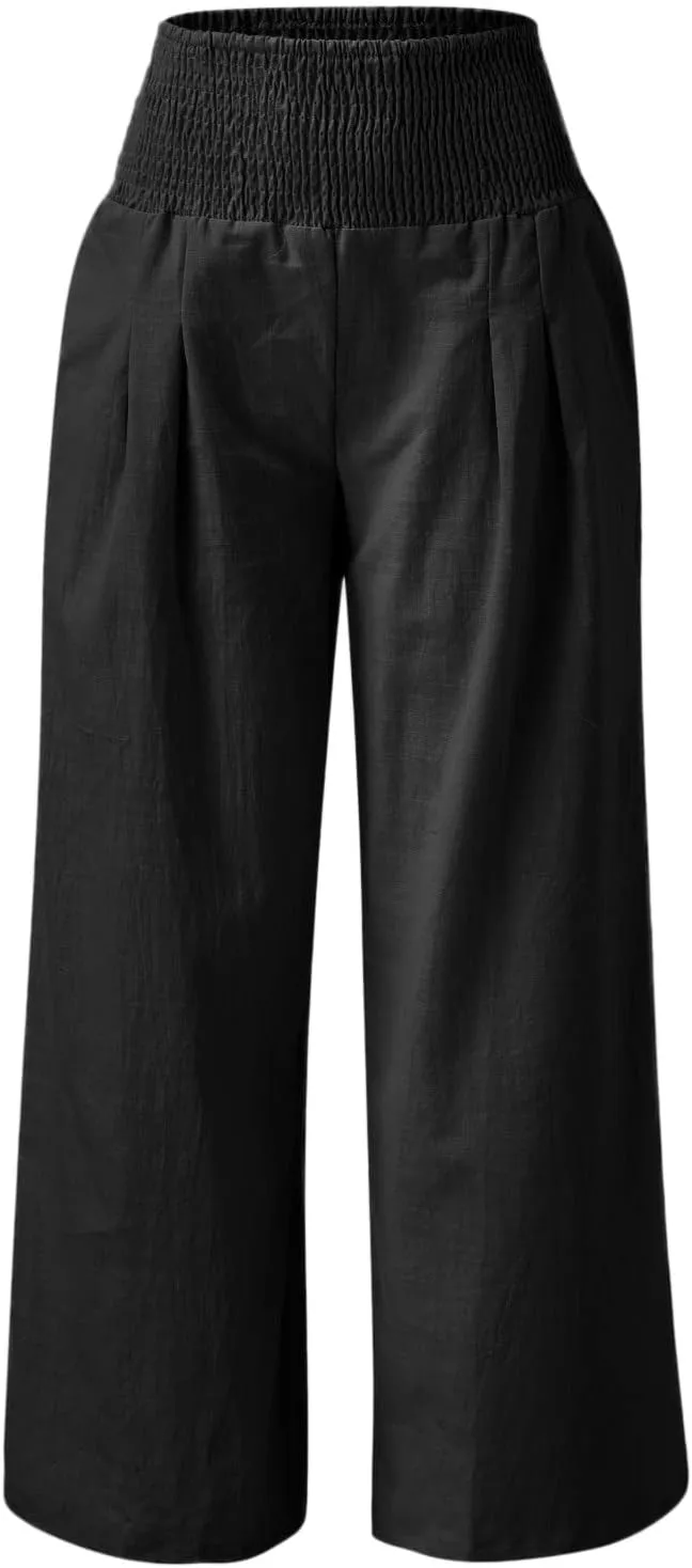 Women's Casual Linen Pants Elastic High Waist Pants Wide Leg Loose Fit Summer Trendy Baggy Trousers with Pockets