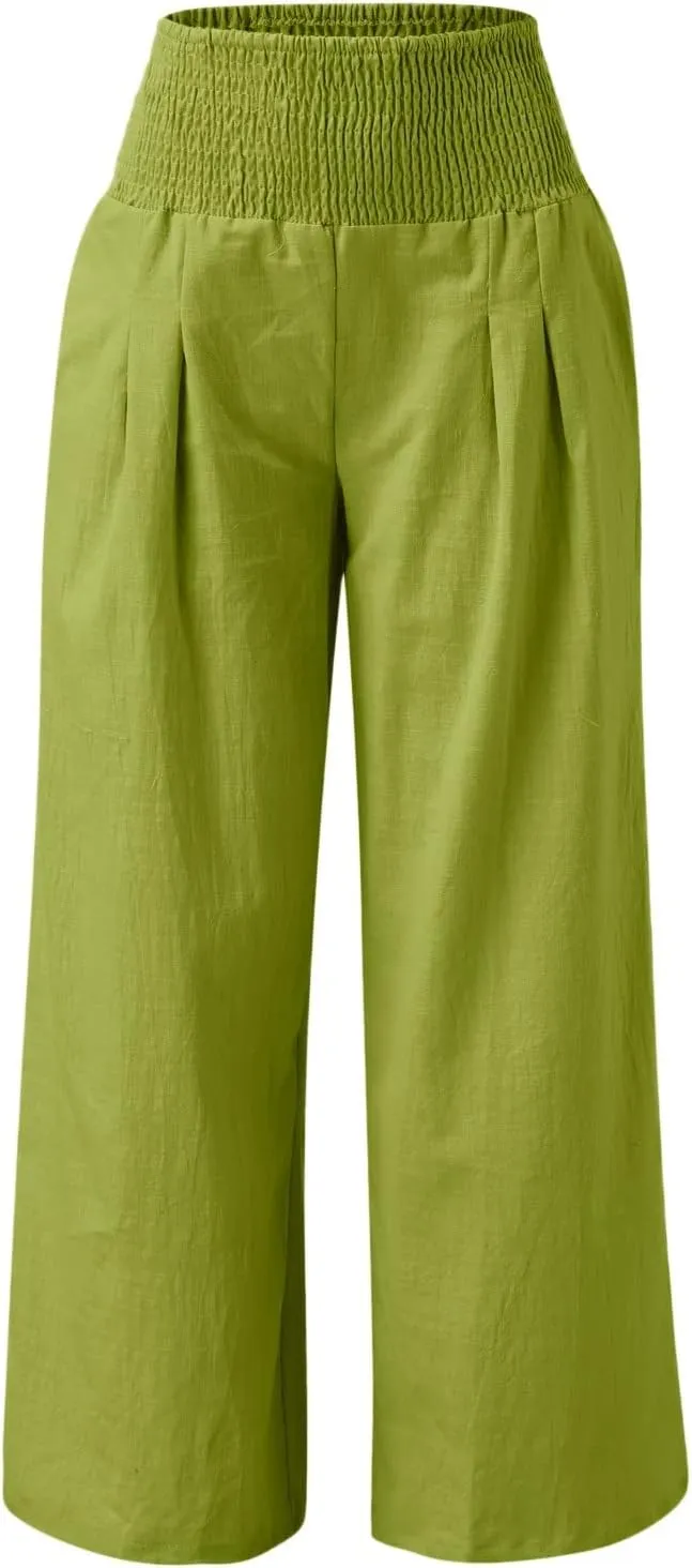 Women's Casual Linen Pants Elastic High Waist Pants Wide Leg Loose Fit Summer Trendy Baggy Trousers with Pockets