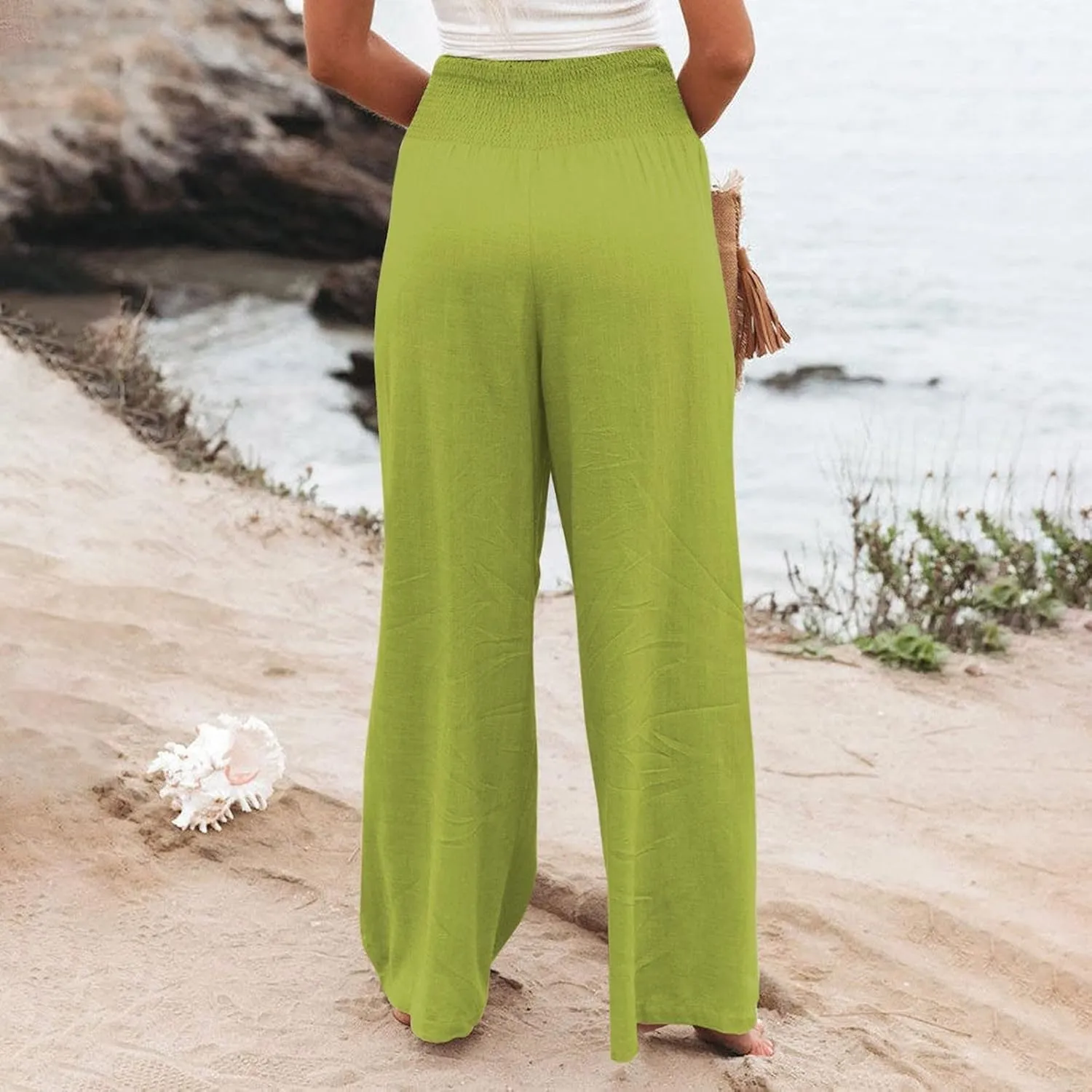 Women's Casual Linen Pants Elastic High Waist Pants Wide Leg Loose Fit Summer Trendy Baggy Trousers with Pockets