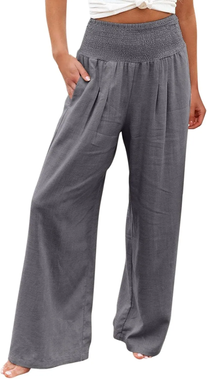 Women's Casual Linen Pants Elastic High Waist Pants Wide Leg Loose Fit Summer Trendy Baggy Trousers with Pockets