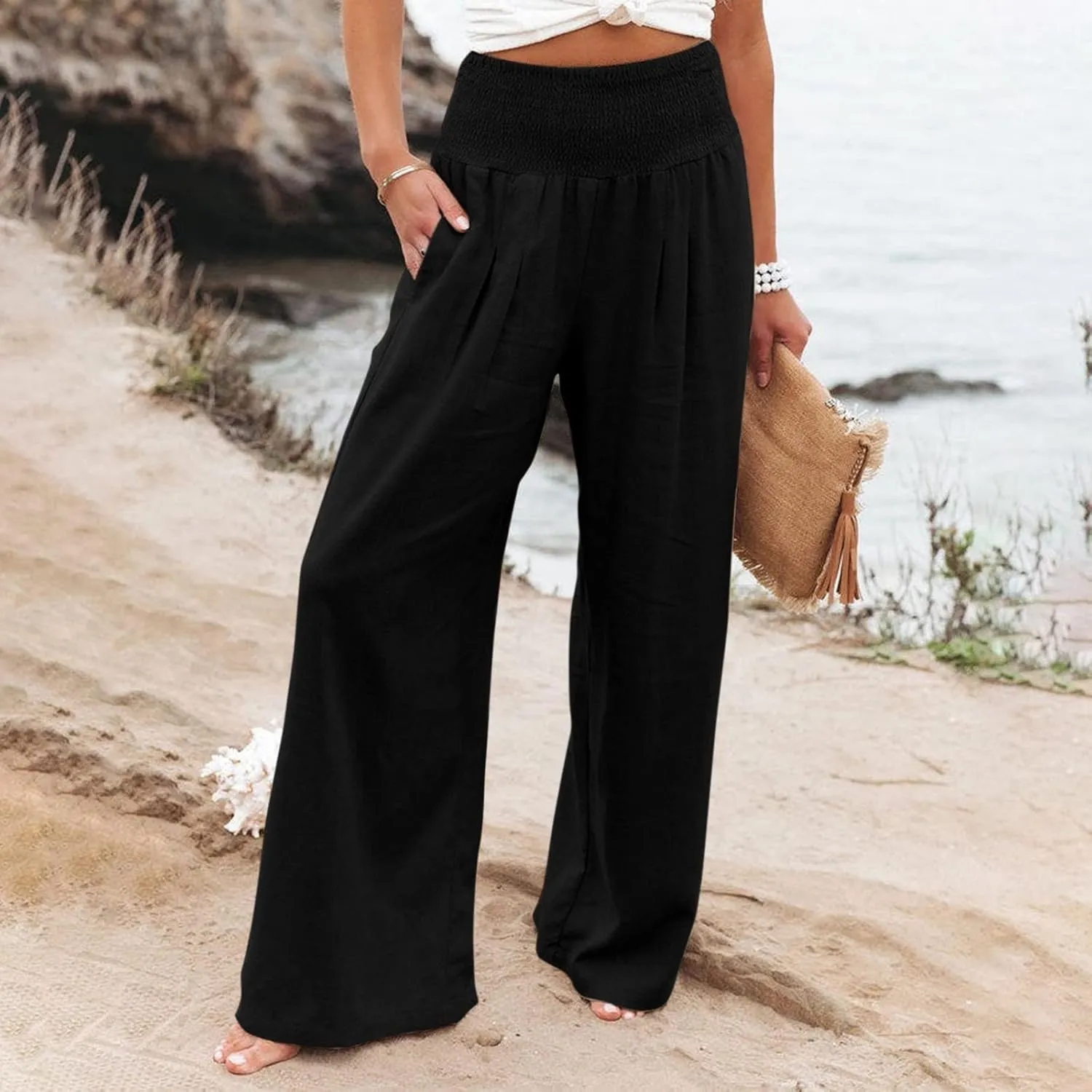 Women's Casual Linen Pants Elastic High Waist Pants Wide Leg Loose Fit Summer Trendy Baggy Trousers with Pockets