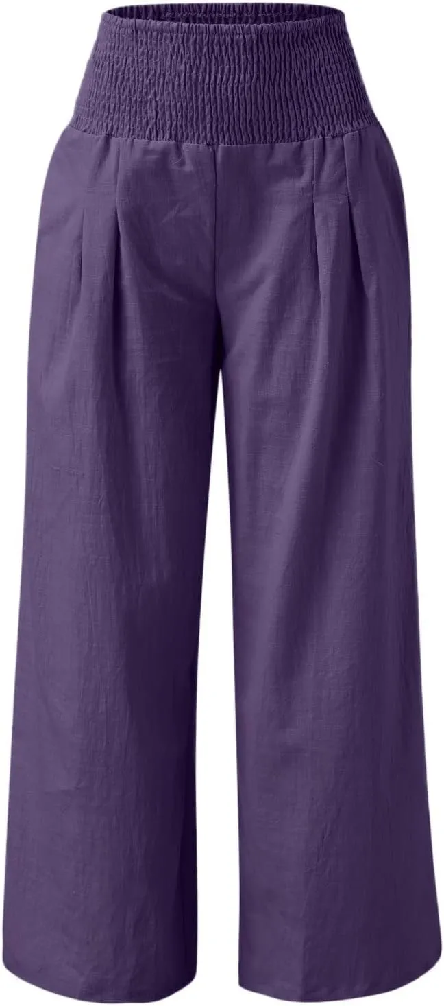 Women's Casual Linen Pants Elastic High Waist Pants Wide Leg Loose Fit Summer Trendy Baggy Trousers with Pockets