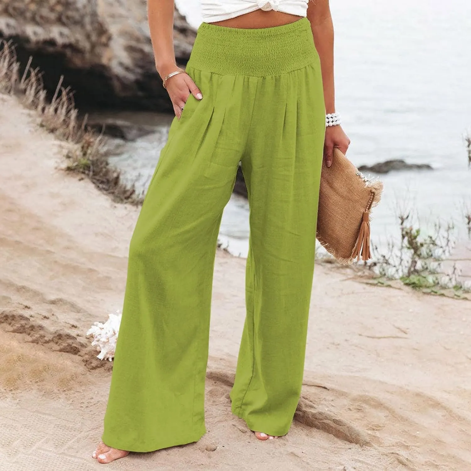 Women's Casual Linen Pants Elastic High Waist Pants Wide Leg Loose Fit Summer Trendy Baggy Trousers with Pockets