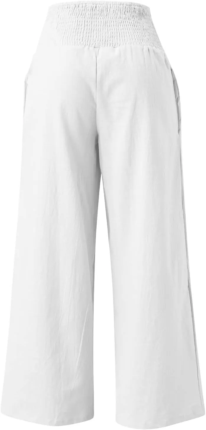 Women's Casual Linen Pants Elastic High Waist Pants Wide Leg Loose Fit Summer Trendy Baggy Trousers with Pockets