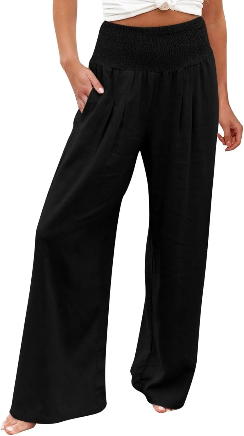Women's Casual Linen Pants Elastic High Waist Pants Wide Leg Loose Fit Summer Trendy Baggy Trousers with Pockets