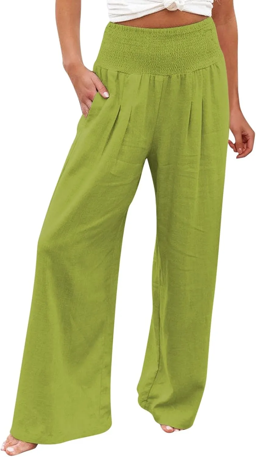 Women's Casual Linen Pants Elastic High Waist Pants Wide Leg Loose Fit Summer Trendy Baggy Trousers with Pockets