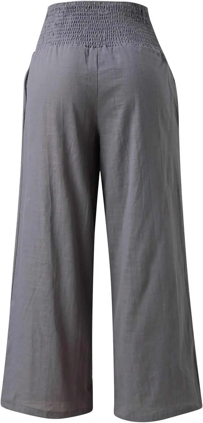 Women's Casual Linen Pants Elastic High Waist Pants Wide Leg Loose Fit Summer Trendy Baggy Trousers with Pockets