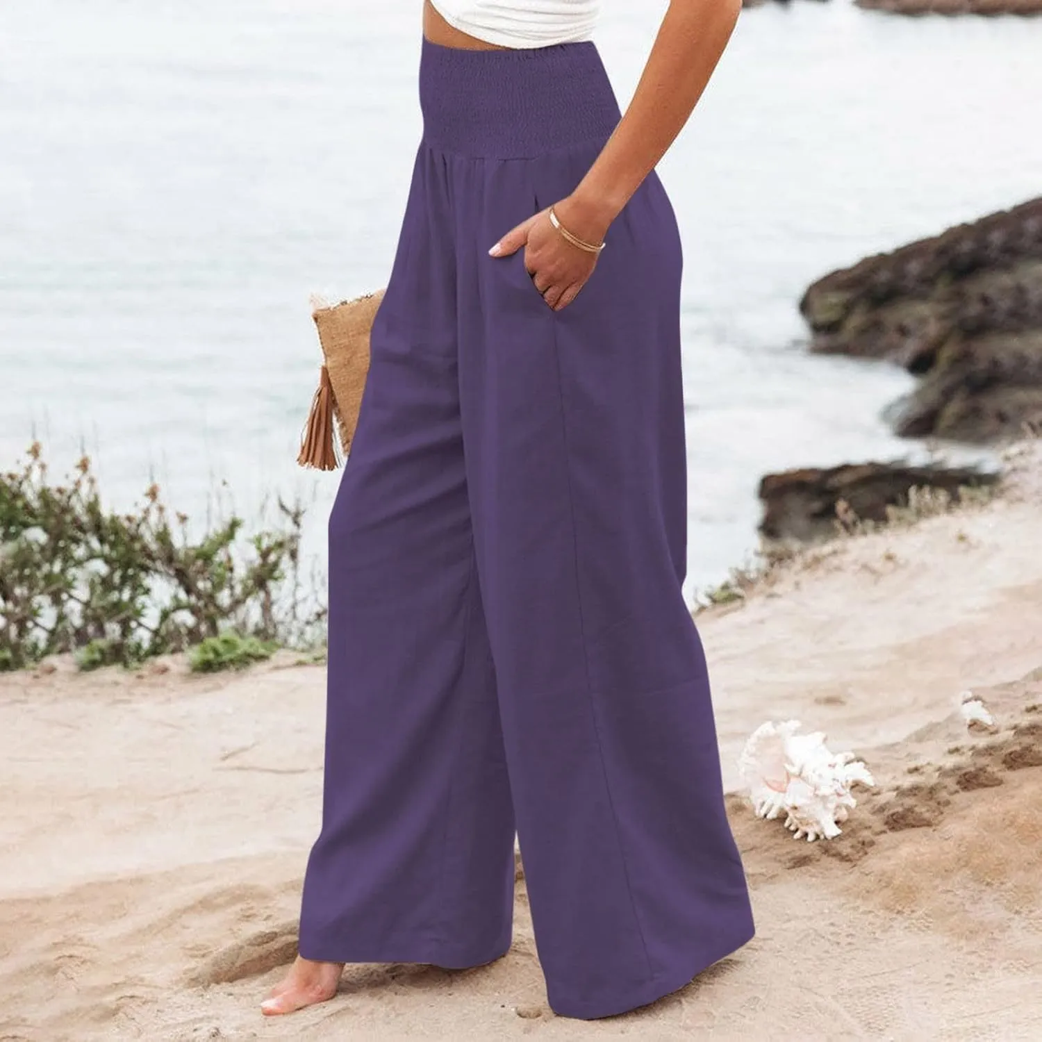 Women's Casual Linen Pants Elastic High Waist Pants Wide Leg Loose Fit Summer Trendy Baggy Trousers with Pockets