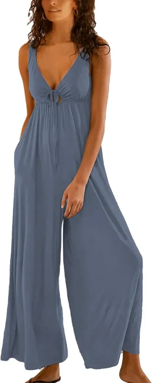 Women's Casual Loose Jumpsuits One Piece Sleeveless Wide Leg Long Pant Rompers with Pockets