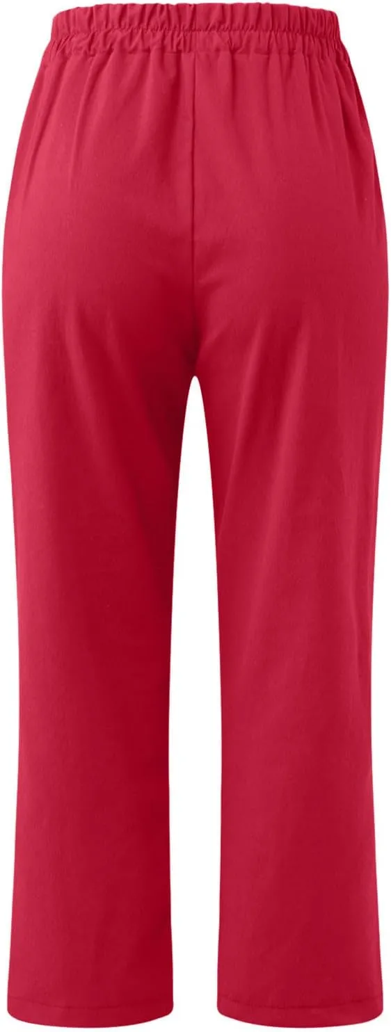 Womens Cotton Linen Capri Pants Straight Leg High Waist Trousers Summer Solid Color Pant Loose Bottoms with Pockets