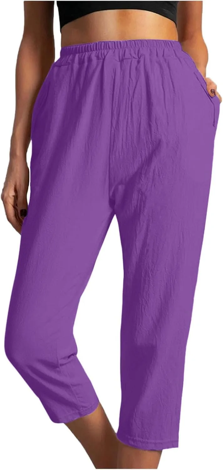 Womens Cotton Linen Capri Pants Straight Leg High Waist Trousers Summer Solid Color Pant Loose Bottoms with Pockets