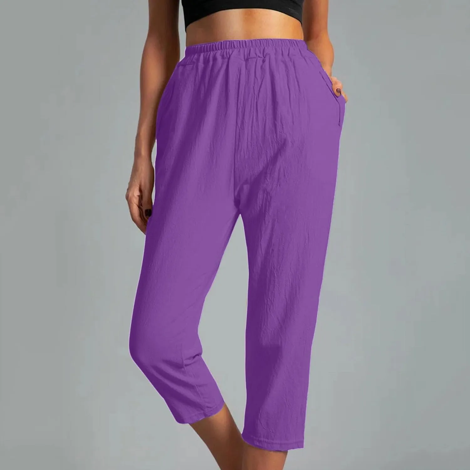 Womens Cotton Linen Capri Pants Straight Leg High Waist Trousers Summer Solid Color Pant Loose Bottoms with Pockets