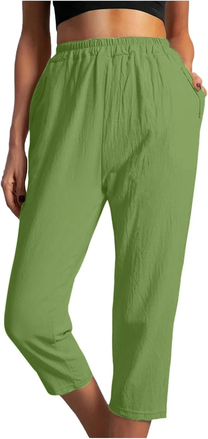 Womens Cotton Linen Capri Pants Straight Leg High Waist Trousers Summer Solid Color Pant Loose Bottoms with Pockets