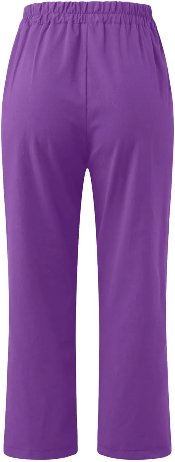 Womens Cotton Linen Capri Pants Straight Leg High Waist Trousers Summer Solid Color Pant Loose Bottoms with Pockets