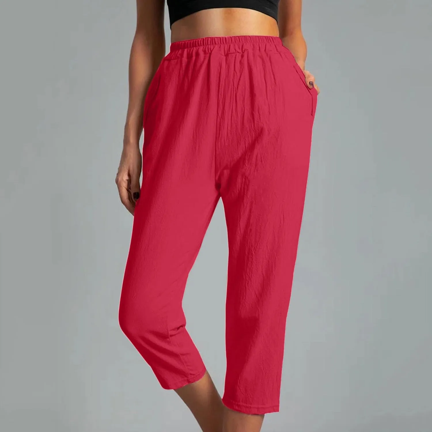 Womens Cotton Linen Capri Pants Straight Leg High Waist Trousers Summer Solid Color Pant Loose Bottoms with Pockets