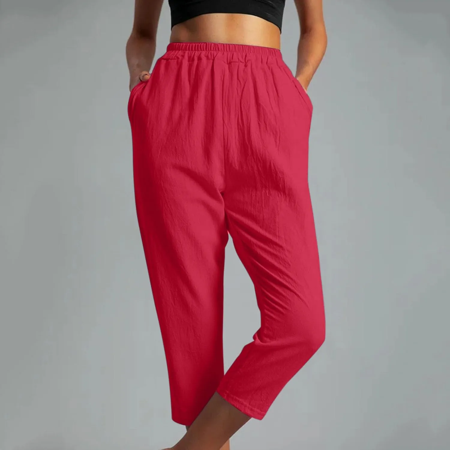 Womens Cotton Linen Capri Pants Straight Leg High Waist Trousers Summer Solid Color Pant Loose Bottoms with Pockets