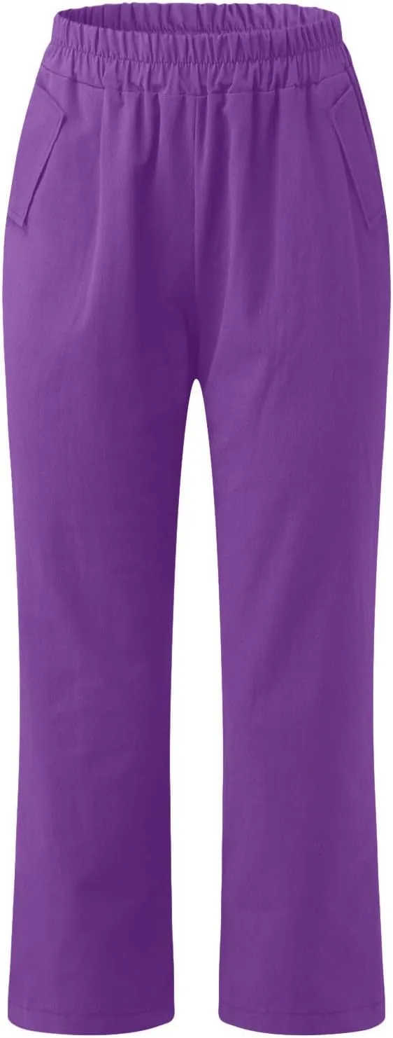 Womens Cotton Linen Capri Pants Straight Leg High Waist Trousers Summer Solid Color Pant Loose Bottoms with Pockets