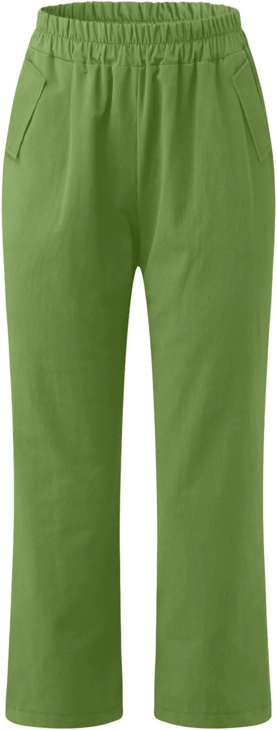 Womens Cotton Linen Capri Pants Straight Leg High Waist Trousers Summer Solid Color Pant Loose Bottoms with Pockets