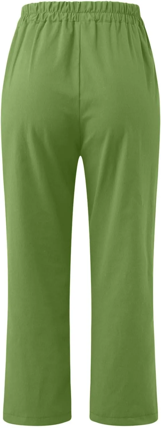 Womens Cotton Linen Capri Pants Straight Leg High Waist Trousers Summer Solid Color Pant Loose Bottoms with Pockets