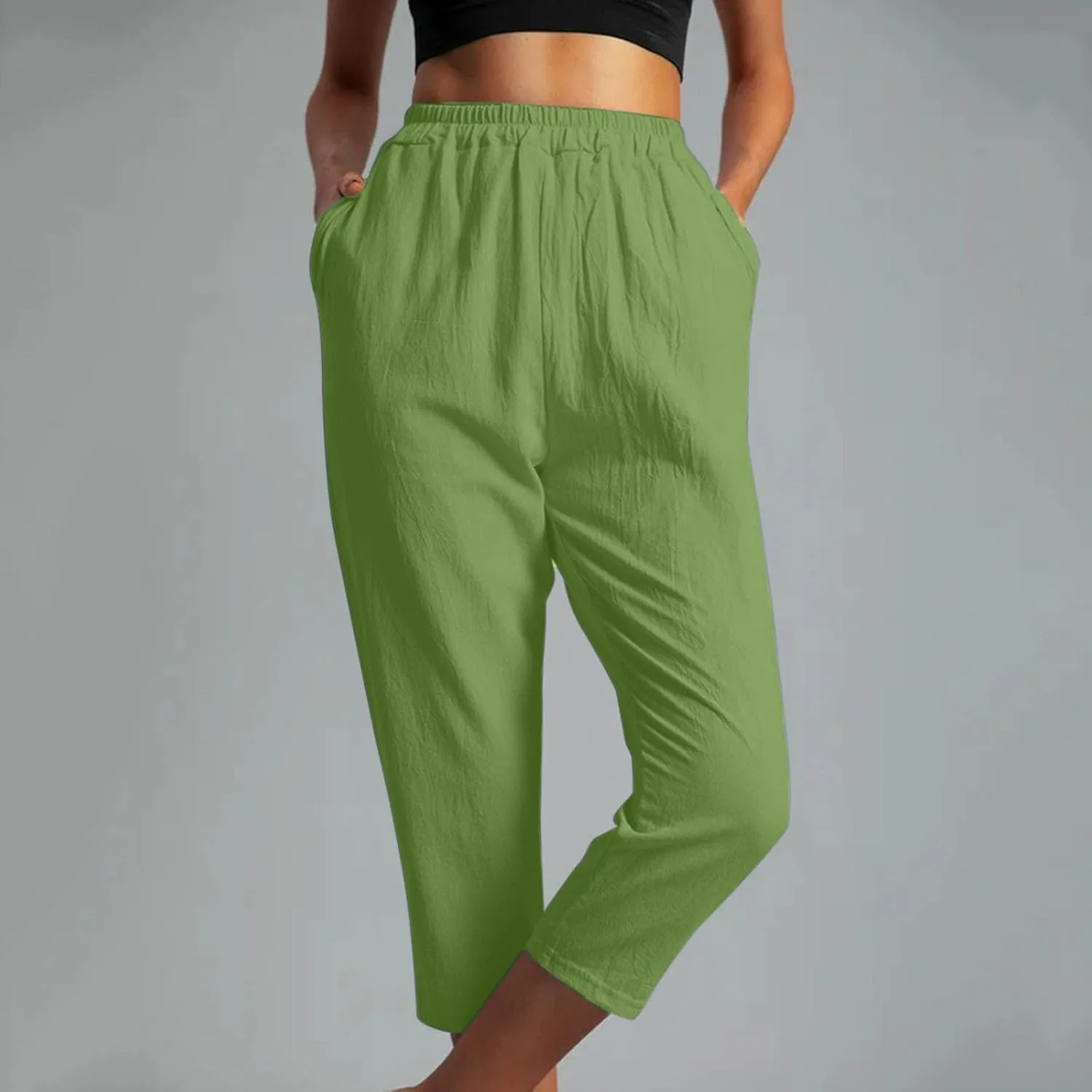Womens Cotton Linen Capri Pants Straight Leg High Waist Trousers Summer Solid Color Pant Loose Bottoms with Pockets