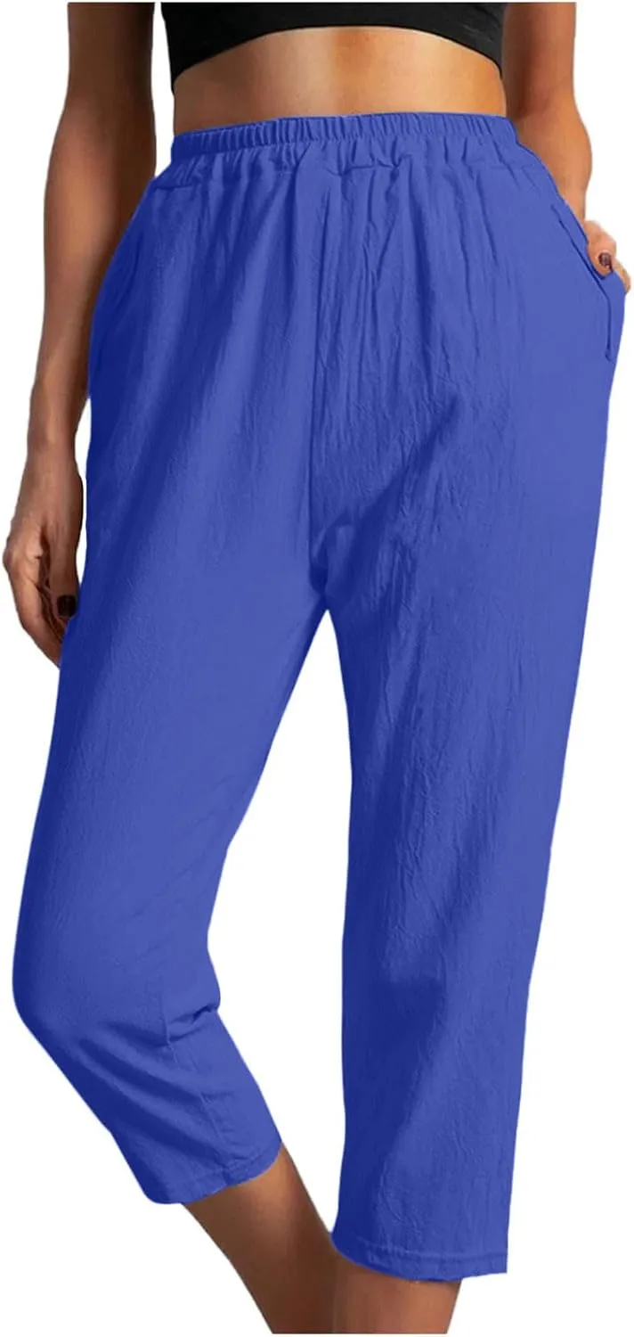 Womens Cotton Linen Capri Pants Straight Leg High Waist Trousers Summer Solid Color Pant Loose Bottoms with Pockets