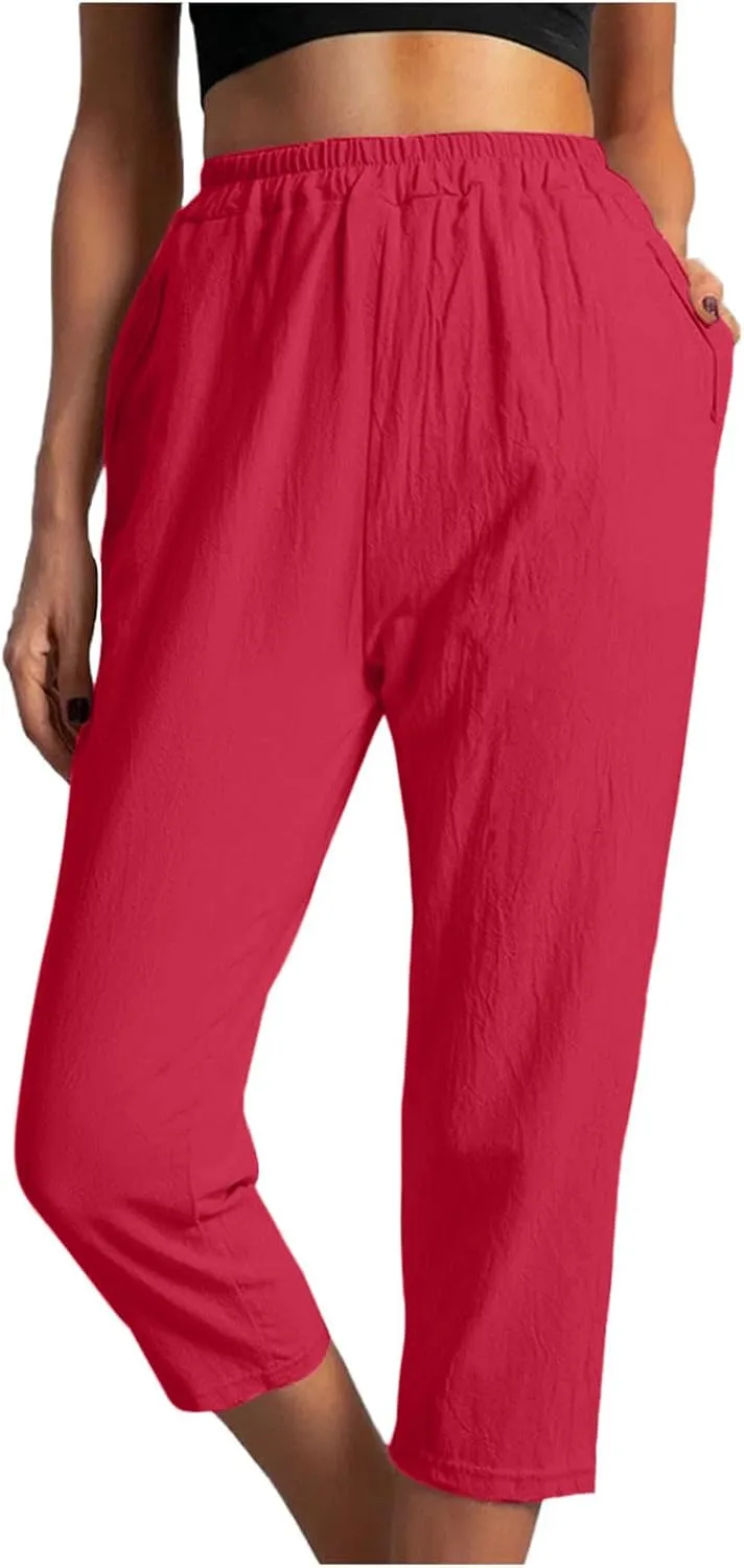 Womens Cotton Linen Capri Pants Straight Leg High Waist Trousers Summer Solid Color Pant Loose Bottoms with Pockets
