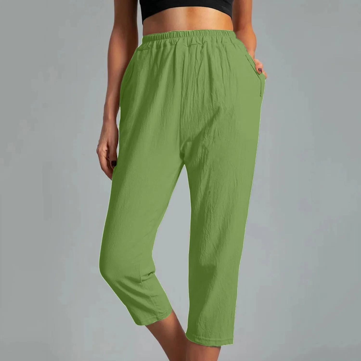 Womens Cotton Linen Capri Pants Straight Leg High Waist Trousers Summer Solid Color Pant Loose Bottoms with Pockets