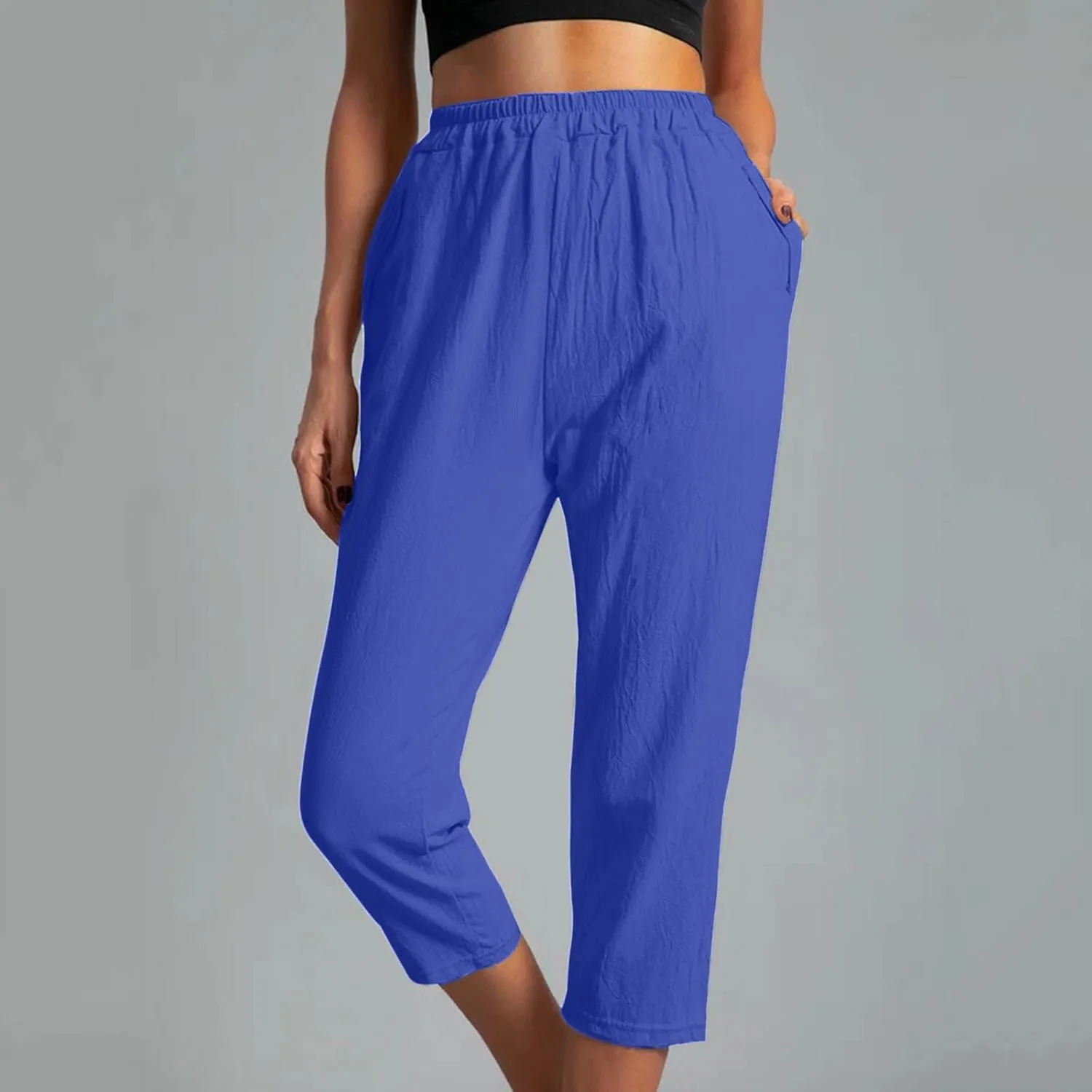 Womens Cotton Linen Capri Pants Straight Leg High Waist Trousers Summer Solid Color Pant Loose Bottoms with Pockets