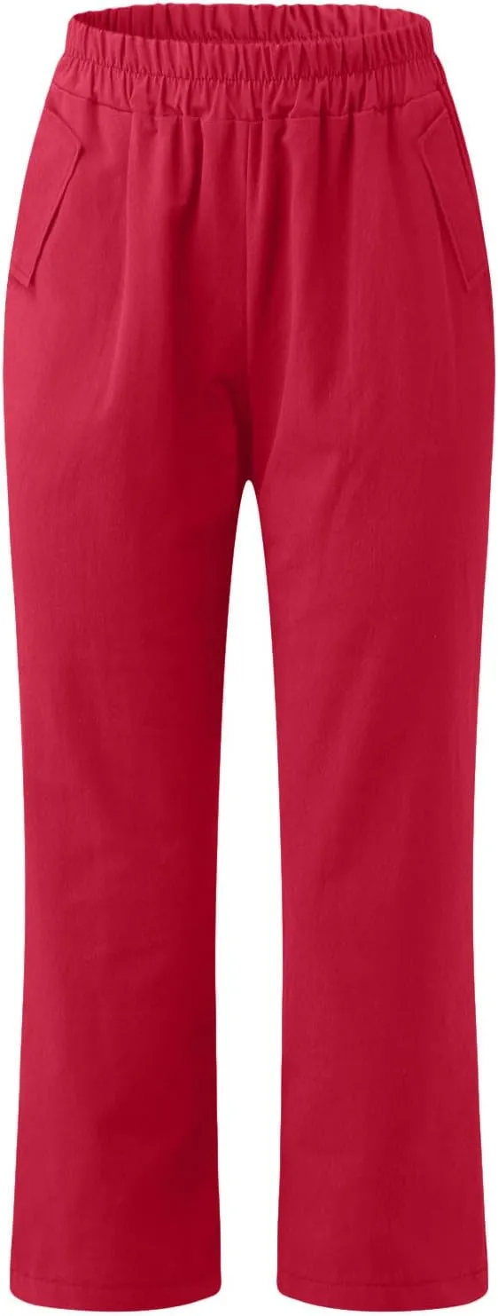 Womens Cotton Linen Capri Pants Straight Leg High Waist Trousers Summer Solid Color Pant Loose Bottoms with Pockets