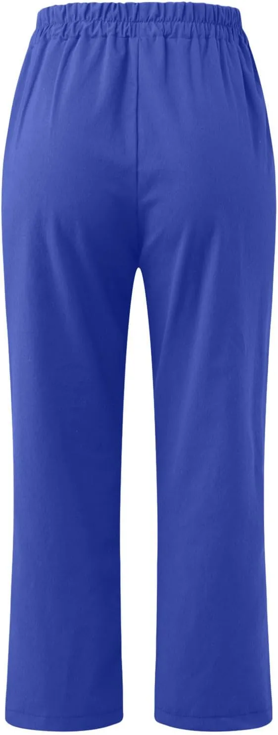 Womens Cotton Linen Capri Pants Straight Leg High Waist Trousers Summer Solid Color Pant Loose Bottoms with Pockets