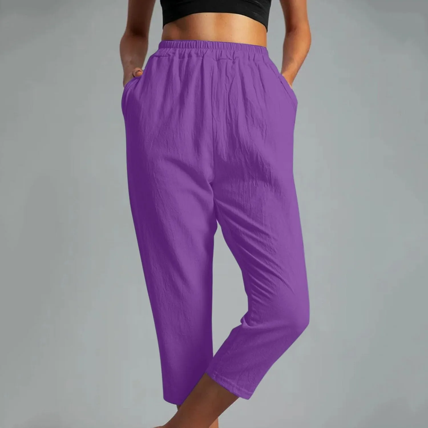 Womens Cotton Linen Capri Pants Straight Leg High Waist Trousers Summer Solid Color Pant Loose Bottoms with Pockets