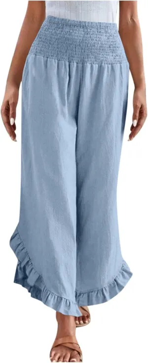 Women's Cotton Linen Pant Summer Wide Leg Trousers Casual Elastic Drawstring High Waist Palazzo Pants Pockets S-XXL