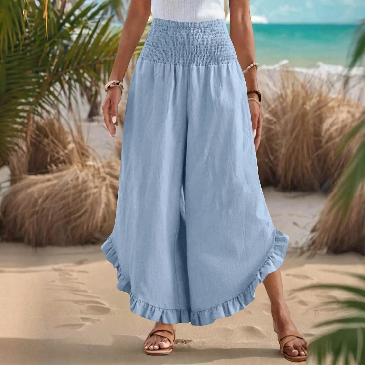 Women's Cotton Linen Pant Summer Wide Leg Trousers Casual Elastic Drawstring High Waist Palazzo Pants Pockets S-XXL