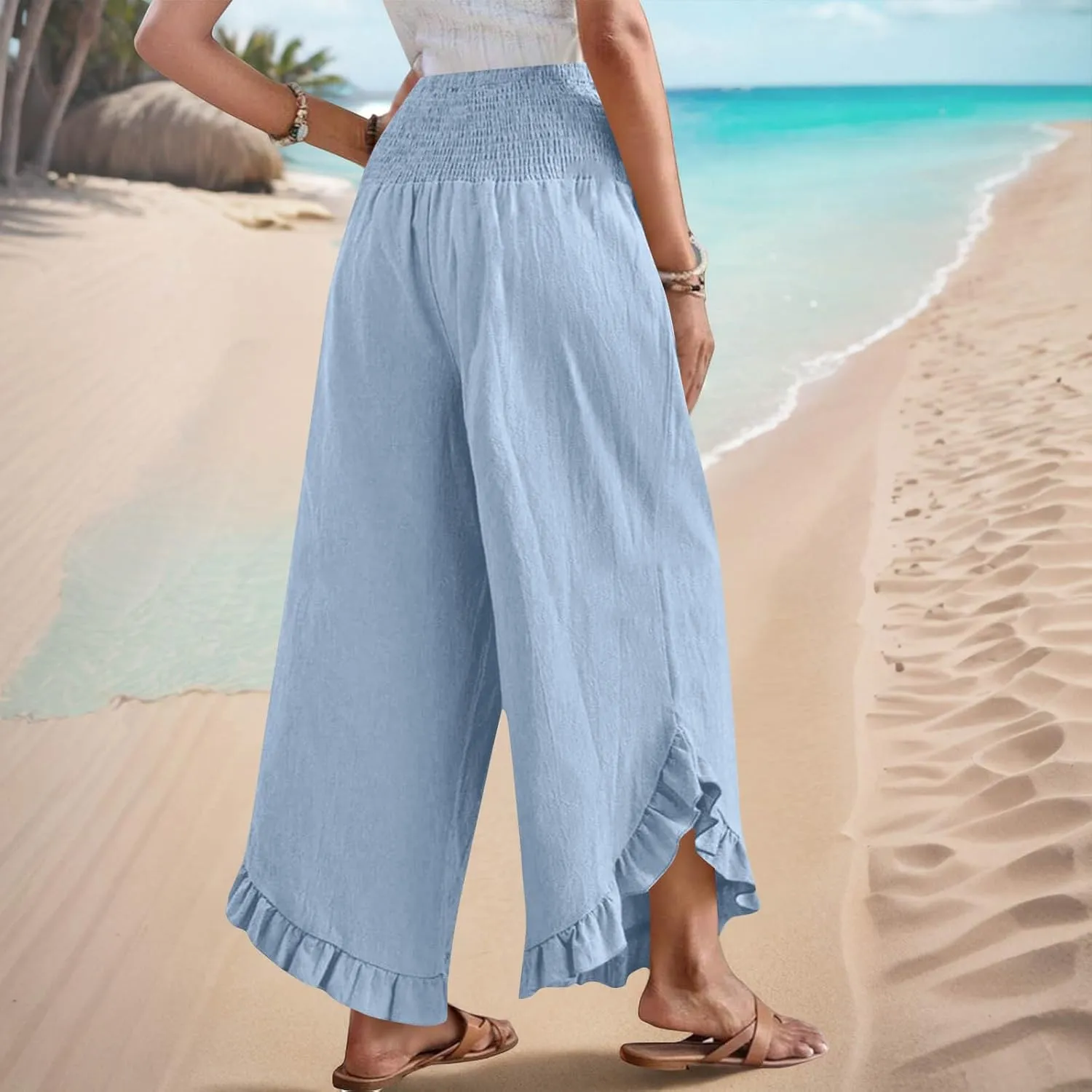 Women's Cotton Linen Pant Summer Wide Leg Trousers Casual Elastic Drawstring High Waist Palazzo Pants Pockets S-XXL