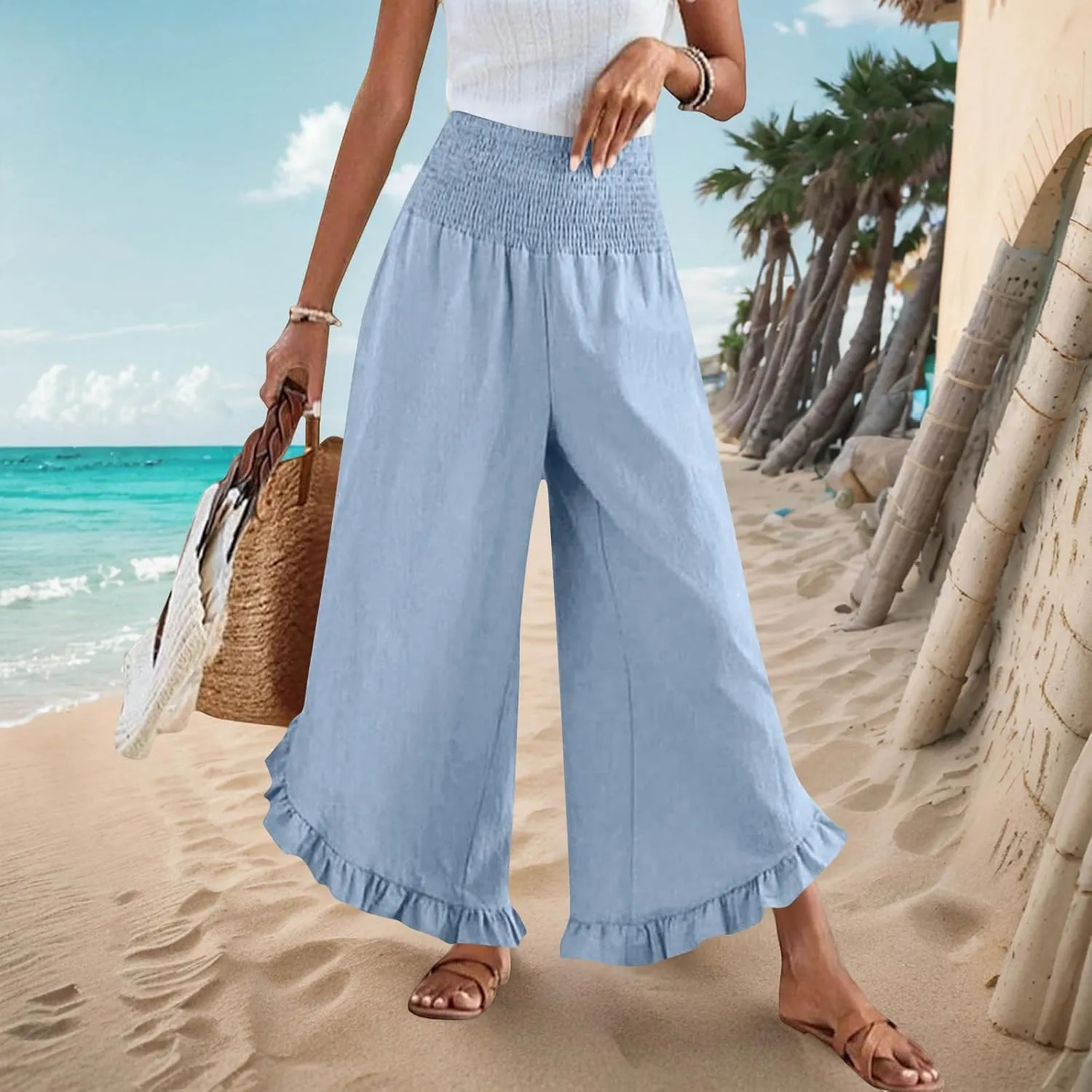 Women's Cotton Linen Pant Summer Wide Leg Trousers Casual Elastic Drawstring High Waist Palazzo Pants Pockets S-XXL