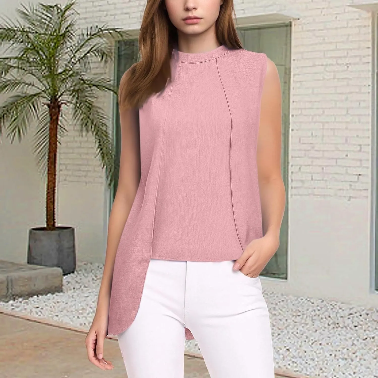 Women's Crew Neck Sleeveless Casual Tank Tops Summer Irregular Going Out Tank Tops Slim Solid Color Trendy