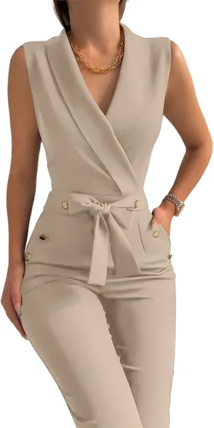 Women's Elegant Jumpsuits V Neck Sleeveless Straight Belted Long Pants Business Suits Set with Pockets