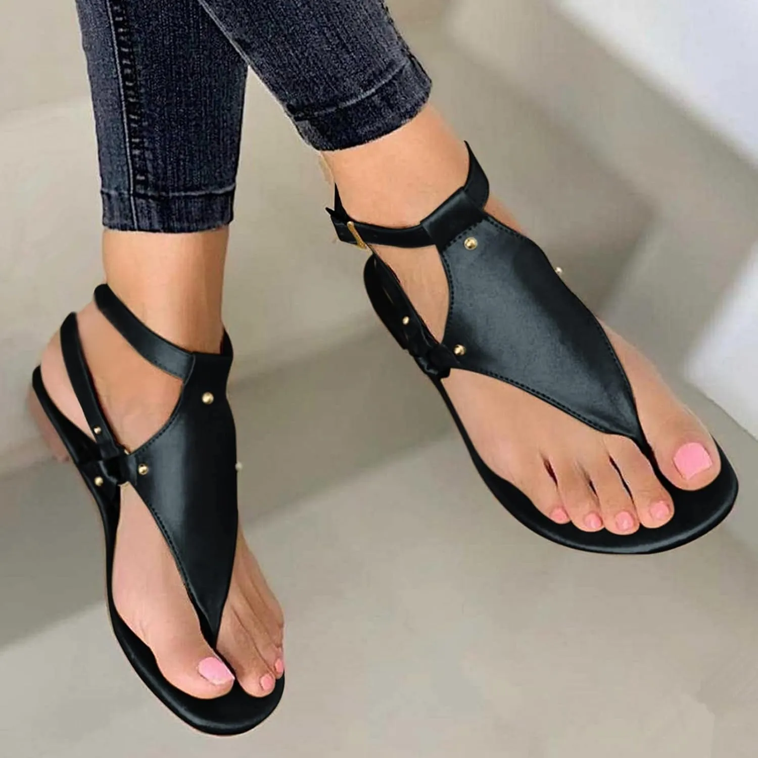 Women's Flat Sandals 2024 Thong Sandals For Women Open Toe Shoes Flat Beach Sandals Ladies Buckle Strap Flip Flops Shoes