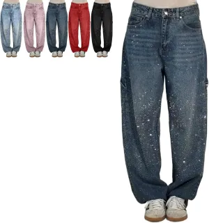 Women's High Waisted Rhinestone Jeans, Wide Leg Sparkly Harem Jeans, XS-3XL, Blue