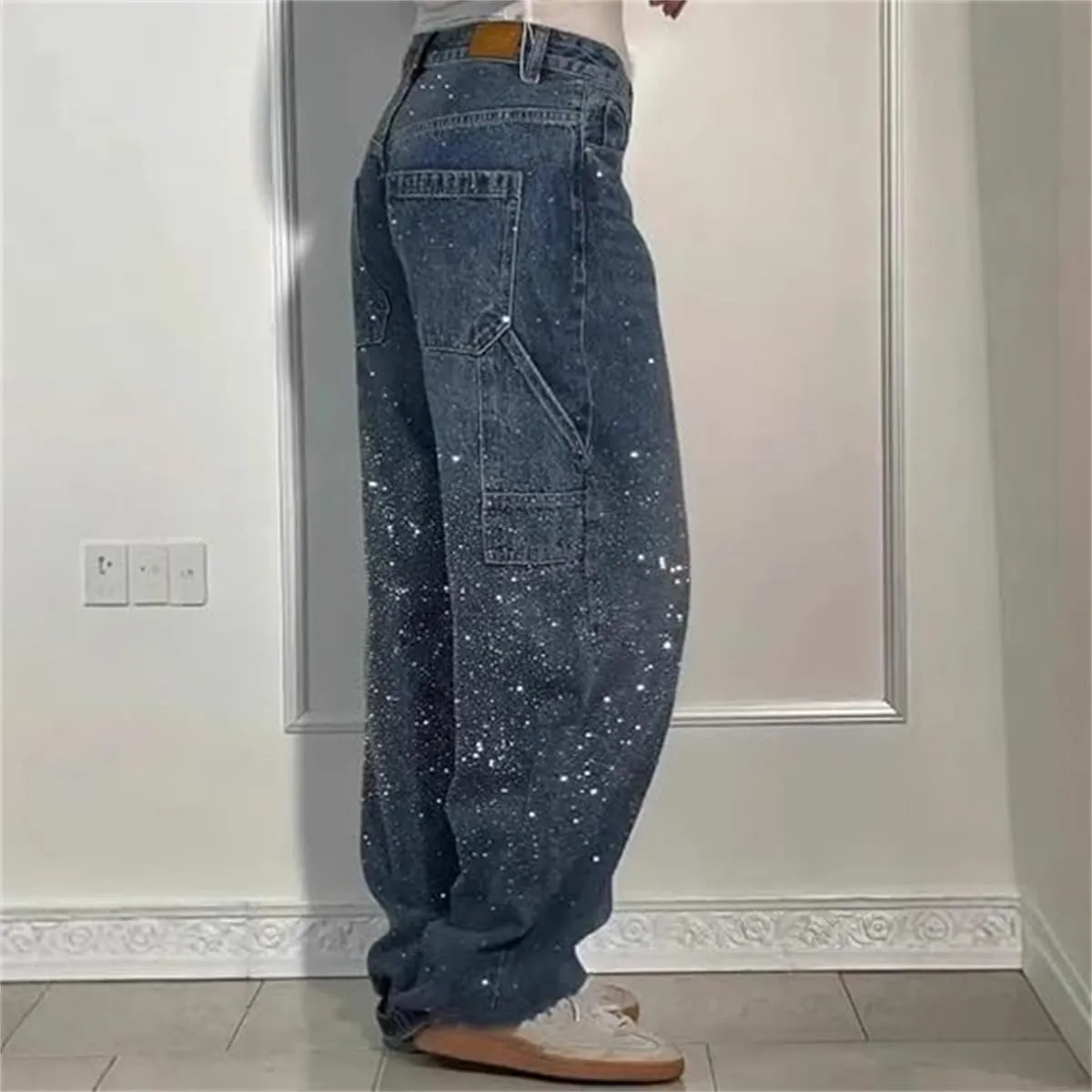 Women's High Waisted Rhinestone Jeans, Wide Leg Sparkly Harem Jeans, XS-3XL, Blue