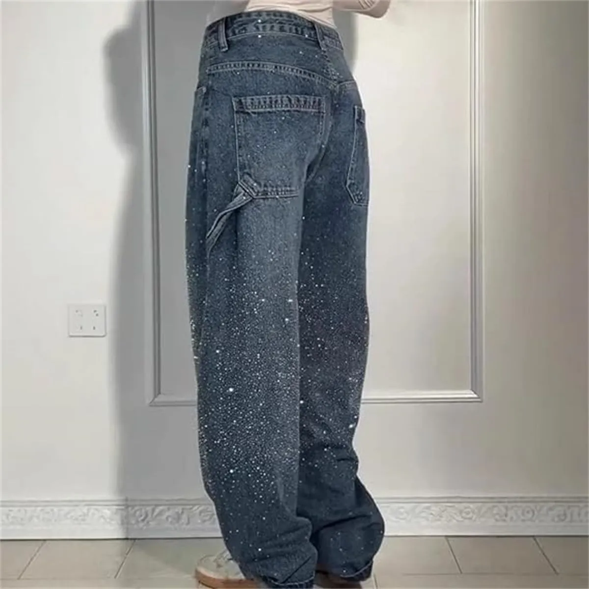 Women's High Waisted Rhinestone Jeans, Wide Leg Sparkly Harem Jeans, XS-3XL, Blue