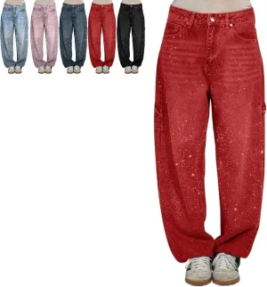 Women's High Waisted Rhinestone Jeans, Wide Leg Sparkly Harem Jeans, XS-3XL, Blue