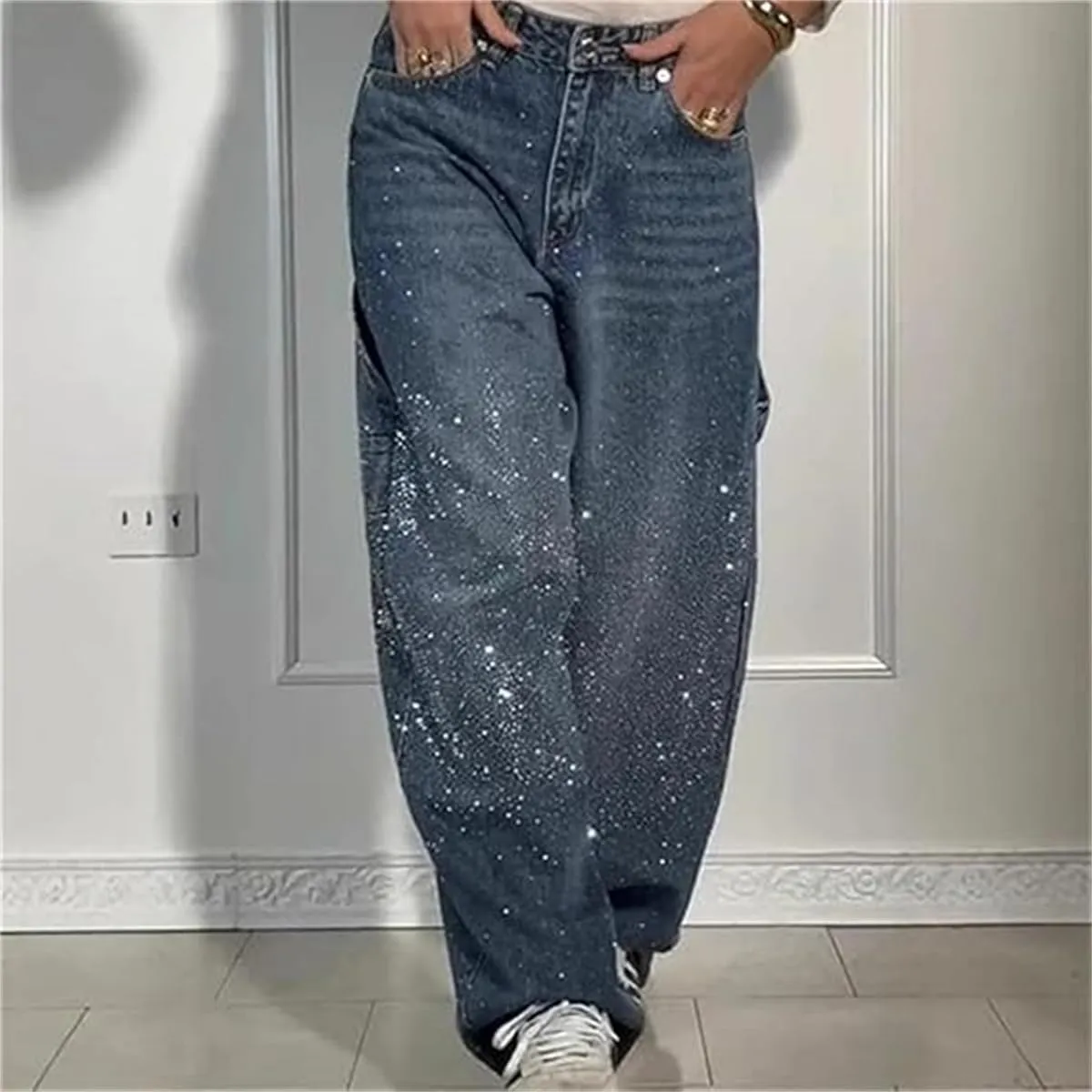 Women's High Waisted Rhinestone Jeans, Wide Leg Sparkly Harem Jeans, XS-3XL, Blue